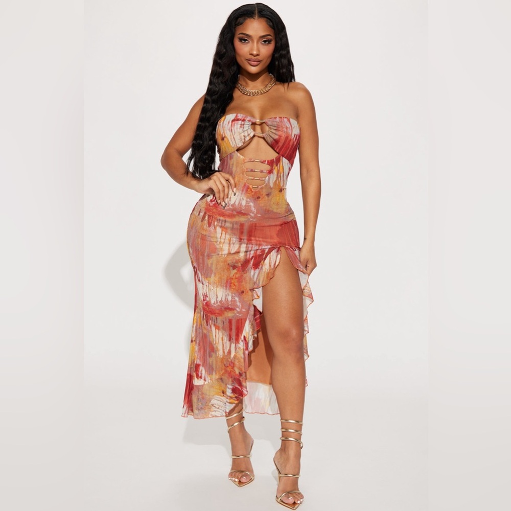 Ruffle Mesh Midi Dress